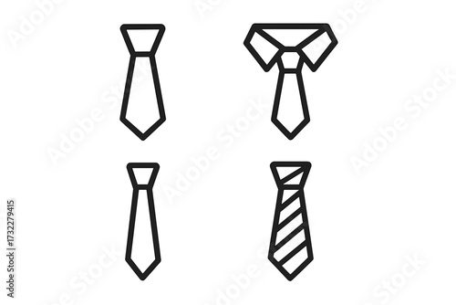 Necktie icon set. Thin line art symbols of business ties. Professional menswear fashion accessories for office and formal wear. Editable stroke vector illustration collection.