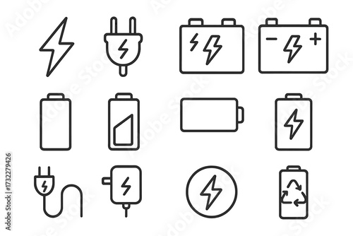 Battery and power line icon pack. Charger, accumulator, plug, and lightning bolt symbols. Electricity and energy concepts for app UI. Editable stroke vector pictograms.