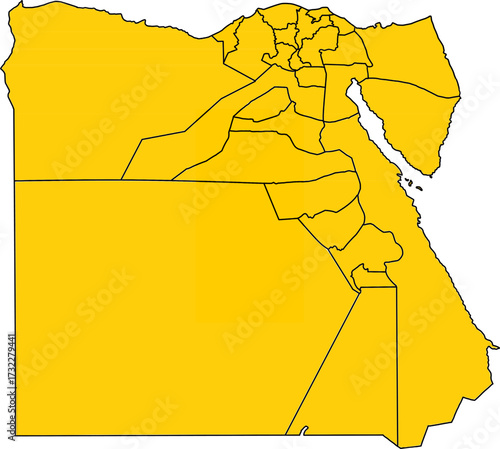 Detailed golden yellow vector map of Egypt with distinct governorate borders, perfect for high-end political illustration and data projects.

