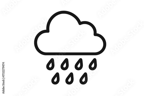 Rain icon in simple flat line style. Weather forecast symbol, rainy day sign. Outline cloud pictogram for meteorology app, web design, UI, UX. Minimalist climate vector.