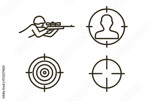 Sniper icon set with target and crosshair. Soldier with rifle scope aiming for a headshot. Military hunter symbol for shooting range or game. Bullseye line art vector graphic.