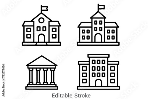 School, College, University Building Icons Collection. Editable Stroke Vector Cartoon Illustrations for Education, Infographics, Articles, Flyers, Banners, Academic Concepts