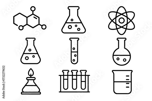 Set of chemistry related line icons with editable stroke for design, websites, apps, and cards, featuring chemical compound, laboratory flasks, test tubes, atom, and burner vector collection