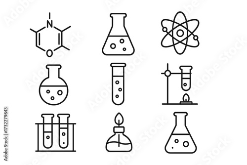 Set of chemistry line icons with editable stroke for design, web, apps, cards. Includes chemical compound, laboratory bulbs, atom symbols, test tubes, and Bunsen burner vector