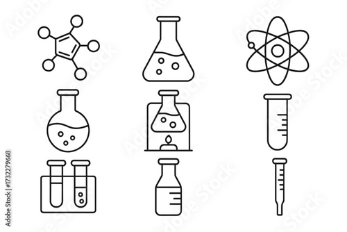Chemistry line icons set with editable stroke for design, web, apps, and cards, featuring chemical compounds, laboratory glassware, atom symbols, test tubes, flasks, and scientific experiments vector