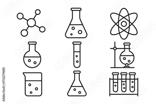 Set of Chemistry Line Icons with Editable Stroke for Design, Websites, Apps, and Cards, Featuring Chemical Compound, Laboratory Flasks, Atom Model, Test Tubes, Science Vector Elements