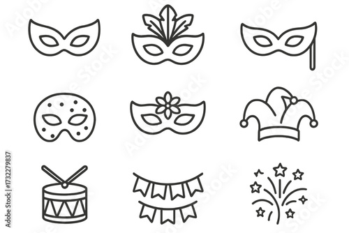 Carnival masks and party elements icon set. Editable stroke vector illustrations of masquerade masks, jester hat, drum, pennants, and fireworks for celebration, festival design