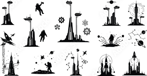 Futuristic cityscape illustration, astronaut vector design, rocket launch artwork, space exploration icons, scientific discovery symbols, black and white digital concept