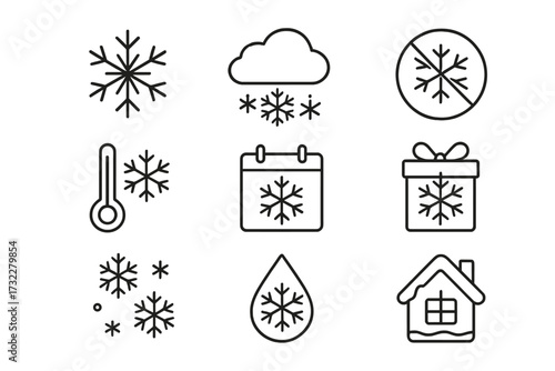 Snowflakes line icons set for web, books, cards, apps, editable stroke design with winter, cold, weather, calendar, thermometer, gift, and home symbols, vector cartoon illustration