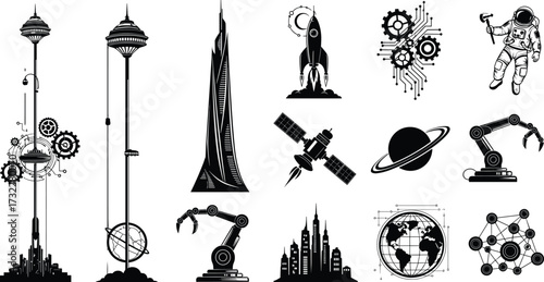 Futuristic technology, space exploration, astronaut silhouette, rocket launch, robotic arm, satellite orbit, global connectivity, smart city, gears automation, digital innovation