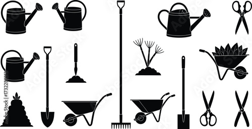 Gardening tools and activities icon set, black silhouette illustrations, watering can, wheelbarrow, shovel, rake, pruning shears, soil, plant design elements