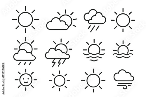 Water and Weather Icon Set with Editable Stroke for Websites, Books, Cards, and Apps, Vector Cartoon Illustration of Sun, Clouds, Rain, Thunderstorm, and Wind, Transparent Background, Ordered Design