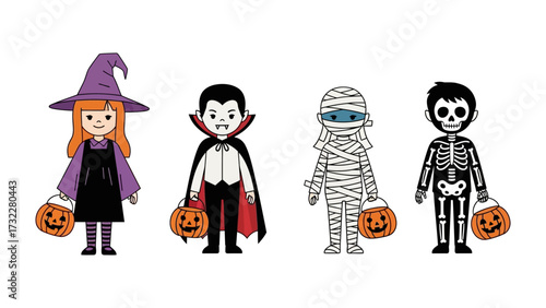 Halloween Costume Ensemble: A collection of four festive cartoon characters dressed in iconic Halloween costumes, each holding a jack-o'-lantern bucket and radiating the spooky charm of Halloween.