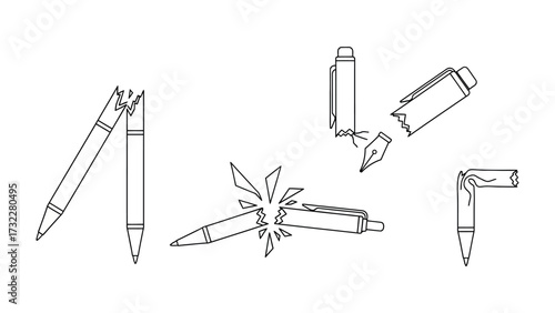 Broken Pen Pieces: A series of line art illustrations showcases the disintegration of pen, revealing the fragile and finite nature of writing. 
