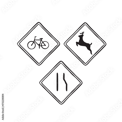 Three road signs; merge, deer and bicycle lane. Black and white hand drawn vectors.