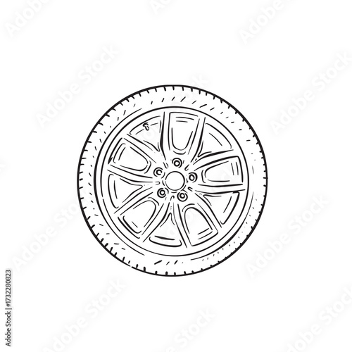 A wheel drawn in black and white. Car parts vector.