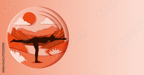 Horizontal template. Parivritta Baddha Utkatasana yoga pose. Bound Revolved Chair pose. Paper cut design. Isolated vector illustration.