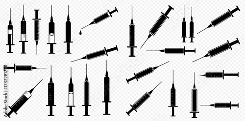 A collection of black silhouette medical syringes and needles, some containing liquid, arranged on a transparent background, representing healthcare tools.