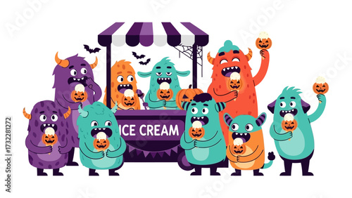Monsters Enjoying Ice Cream at Halloween Stand: A vibrant illustration depicts a group of playful, cartoonish monsters of various colors and shapes gathering around a decorated ice cream stand.