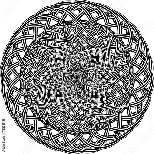 Vector interwoven spiral mandala ornament inspired by Aomori Tsugaru lacquer style, symbolizing continuity and unity, abstract seamless circular pattern for textile and wallpaper