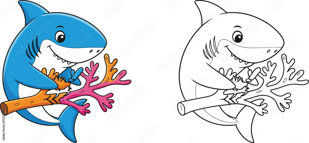 Obraz premium Adorable Cartoon Shark Playing with Coral Branch