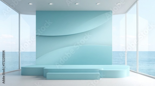 Light turquoise podium with wave like reflections on background wall, calm ocean inspired theme, clean design
