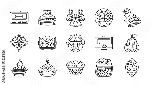 Exquisite Monochromatic Illustrations: A series of intricate line art illustrations showcases a diverse collection of meticulously crafted objects and symbolic forms.
