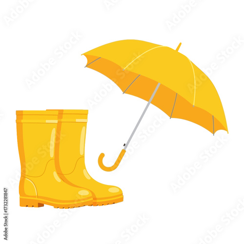 Vector illustration autumn rainy day nice walk in rubber yellow boots umbrella yellow leaves chestnuts puddle after rain for children magazine cartoon book