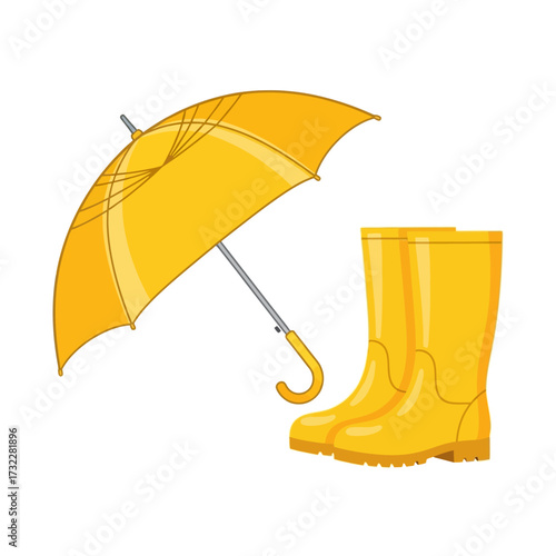 Vector illustration autumn rainy day nice walk in rubber yellow boots umbrella yellow leaves chestnuts puddle after rain for children magazine cartoon book