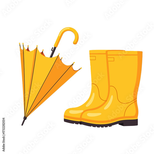 Vector illustration autumn rainy day nice walk in rubber yellow boots umbrella yellow leaves chestnuts puddle after rain for children magazine cartoon book