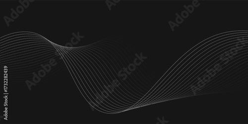 Wave of flowing vanishing particles vector abstract background, curvy lines dots in motion over black relaxing illustration, smoke like image.