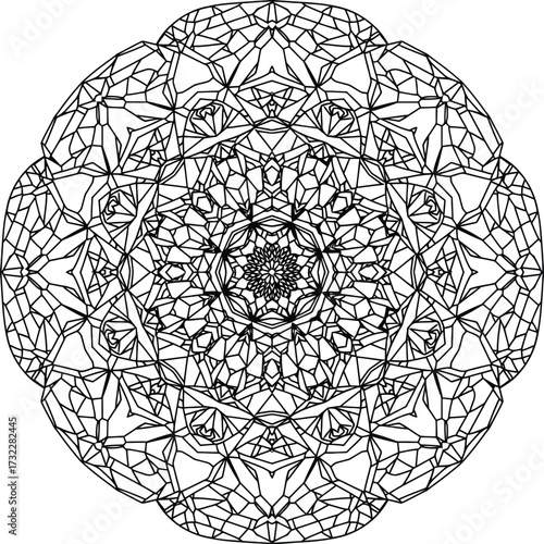 Abstract crystal mosaic mandala vector, Japanese Aomori lacquer inspired symbolism of unity and cosmic flow, decorative circular background for invitation and brochure