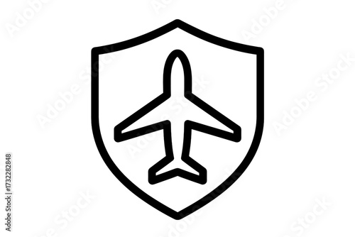 Travel insurance icon. Flight protection and safety symbol. Airplane in a shield. Aviation security logo concept. Safe journey and trip guarantee. Air travel defence sign.