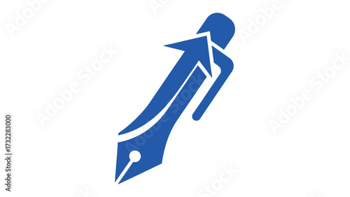 Creative Rise: A blue-toned artistic representation of a pen soaring upwards, with the pen's nib transformed into a dynamic upward arrow. Representing the power of writing and idea