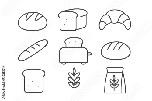 Bread and bakery thin line icon set. Vector symbols for food, breakfast, and baking. Includes loaf, croissant, toast, baguette, flour, wheat. Editable stroke for web design.