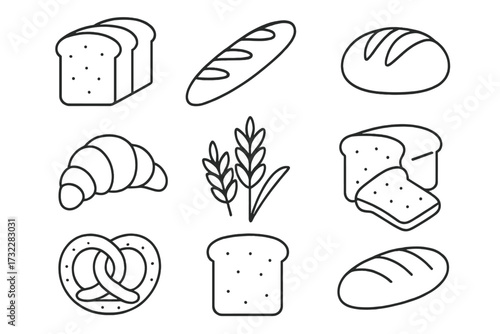Bread and bakery thin line icon set. Vector symbols of toast, croissant, baguette, pretzel, and wheat. Editable stroke illustrations for web, apps, and menus. Pastry.