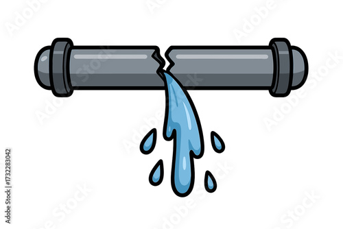 Broken pipe with water leak vector illustration. Plumbing accident or burst pipeline icon. Cartoon concept of water damage, leakage, and dripping for emergency repair service.