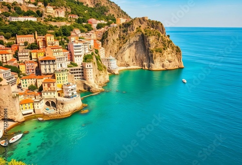 Sun-drenched Amalfi Coast cliffs, turquoise Mediterranean Sea,  coastal,  mediterranean