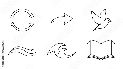 Iconic Simplicity: a collection of clean, black-and-white icons, each design conveys various symbolic ideas such as recycling and hope and knowledge