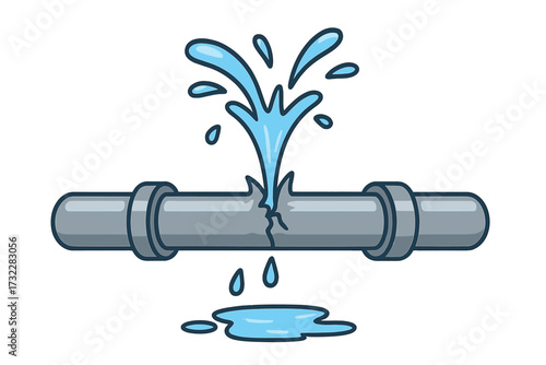 Broken pipe with water leak. Vector illustration of a burst pipeline. Plumbing problem, water damage, and leakage concept. Emergency repair sign for accidents and floods.