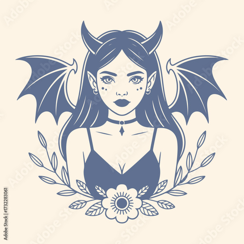 Evil girl with dragon wings. Vector illustration.