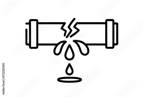 Broken pipe and water leak outline linear sign. Plumbing problem, pipeline damage pictogram. Dripping water from a burst tube. Emergency repair service concept vector illustration.