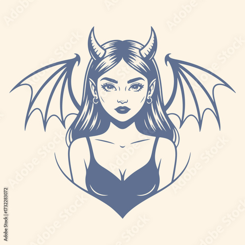 Girl - the evil angel with wings. Vector illustration.