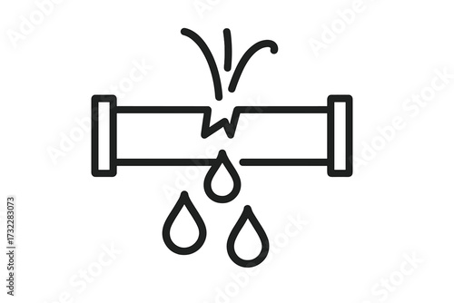 Broken pipe and water leak outline icon. Burst pipeline concept. Plumbing problem, water damage and leakage symbol. Vector illustration for emergency repair service sign.