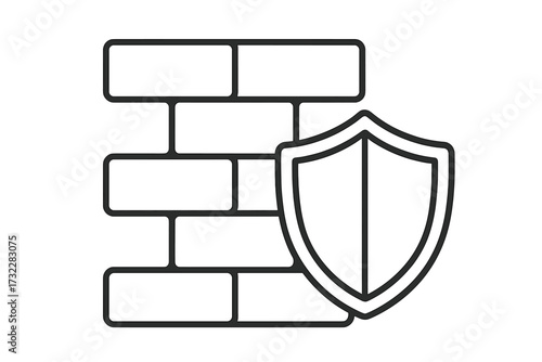 Firewall protection line icon. Brick wall and shield symbol. Security and safety concept. Vector illustration for network defense, privacy, data protection and antivirus.