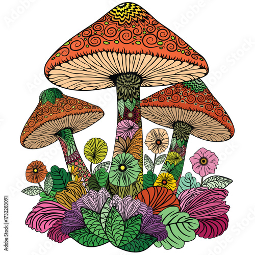 Foto Mushrooms decorative Nature elements assembled to compose a bouquet vector illus