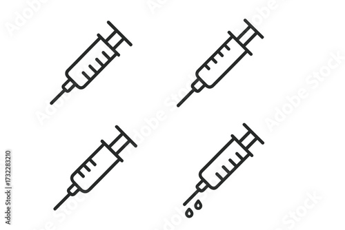 Syringe line icon collection. Vector pictogram set for vaccination, medical injection, and healthcare design. Minimal needle and dose symbols for medicine, treatment, and drug concepts.