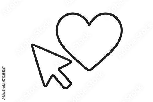 Cursor clicking heart outline icon. Vector for web design, apps. Social media like, love reaction. Favorite button. Online dating, charity, follow symbol. Simple linear graphic.