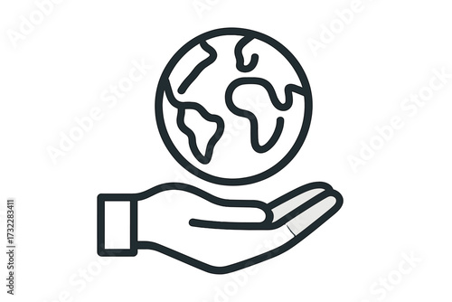 Hand holding Earth globe outline icon. Save the planet, environment protection, world care concept. Global conservation, sustainability, and international support vector symbol.