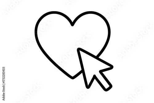 Cursor clicking a heart outline icon. Vector line art for web and graphic design. Symbol for like, love, favorite, follow. Concept for social media, online dating apps, websites.